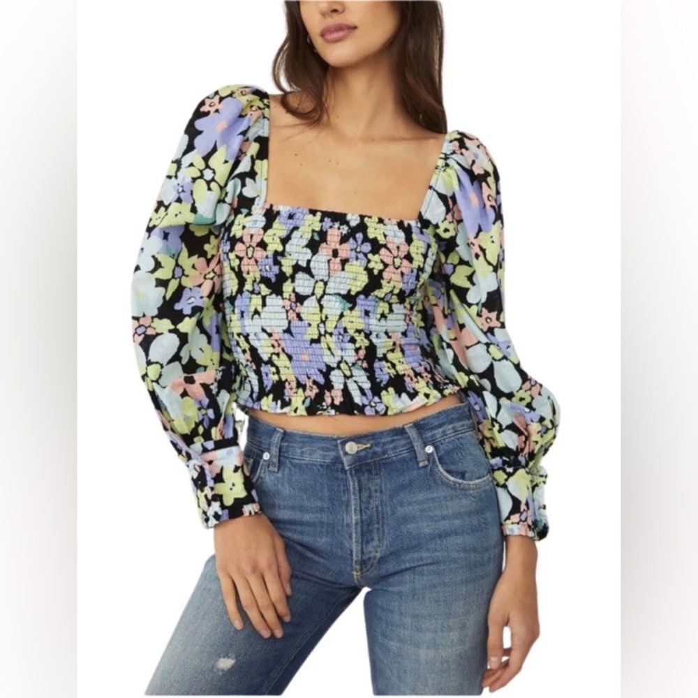 Free People Ariana Floral Puff Sleeve Smocked Square Neck Blouse - Size L